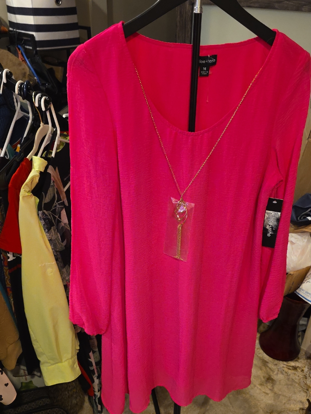 Love Tree Fuchsia Long Sleeve Scoop Neck Tunic Dress